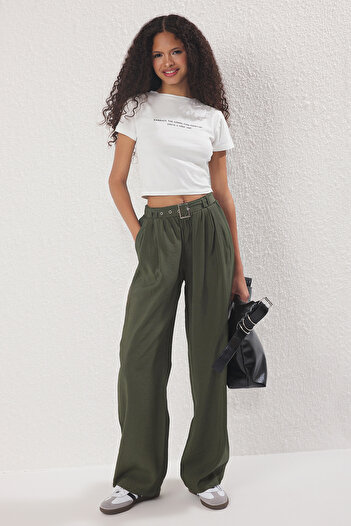 Trendyol Collection Khaki Soft Button Belted Wide Leg/Wide Leg Pants Twoss25Pl00112