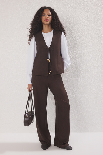 Trendyol Modest Brown Linen Look Woven Bottom-Top Set Tctss25Us00039