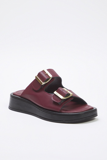 TRENDYOL SHOES Papuci de damă cu talpă groasă, cu cataramă cu bandă dublă, burgundă TAKSS25TE00044