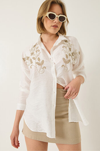 Bianco Lucci Women's Sequin Embroidered Regular Fit Aerobin Shirt 60283213