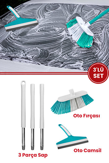 Flora Saplı Oto Fırçası 3'lü Set, Araba Otomobil Yıkama Seti, 3 Parçalı Sap + Oto Fırça + Camsil