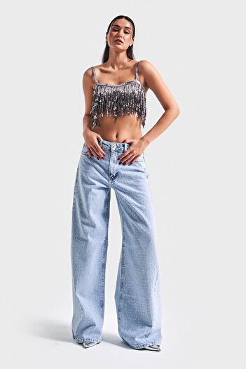its basic Γυναικείο Μπλε Χρώμα Μπροστινό Full Shiny Stone Palazzo Fit Denim