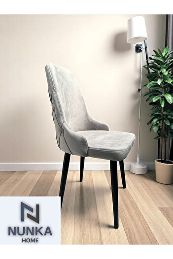 NUNKA HOME Tekli Modern Açık Gri Babyface Kumaş Sandalye Siyah Ayaklı Şık Tasarım