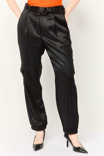 Esprit Women Solid Belted Cargo Pants, Black