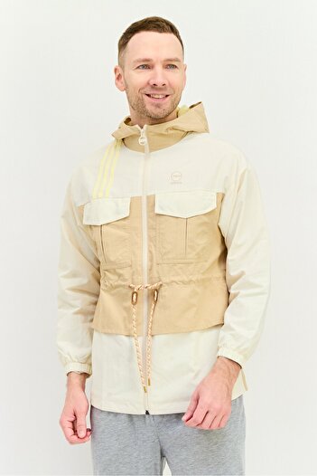 adidas Men Spotswear Fit Long Sleeve Hooded Outdoor Jacket, Beige