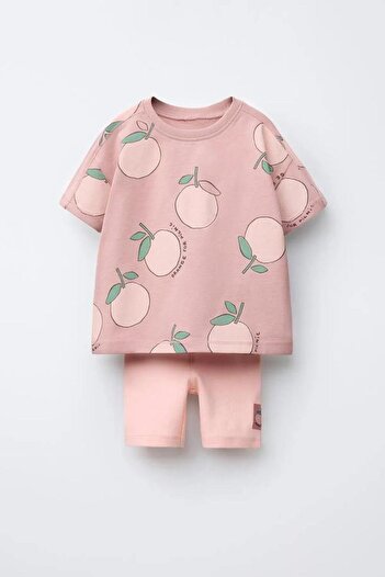Magu Girl's Cotton Dusty Rose Peach Patterned T-Shirt and Shorts Set