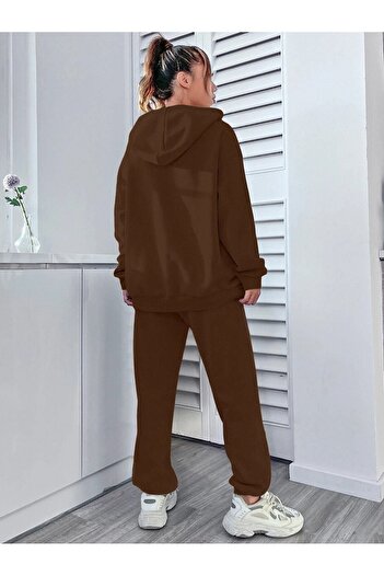 CLAYES Set de trening Happiness - Hanorac Jogger - Maro Oversize cu imprimat și glugă