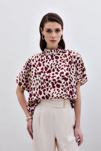Sateen Μπλούζα Casual με μανίκια νυχτερίδας - Μπεζ-Μπορντό