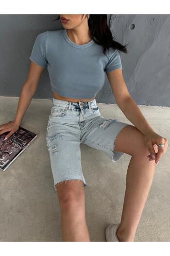 Zeo Basic Ripped Bermuda Shorts - Light Blue
