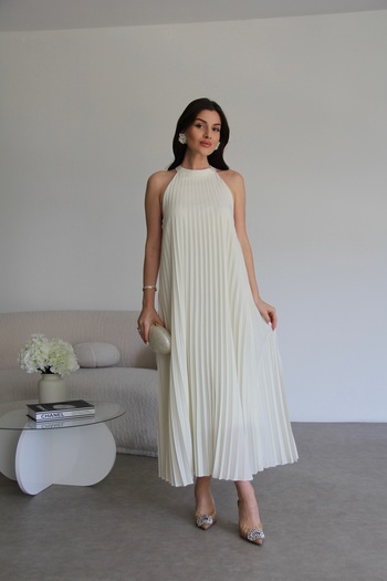 Julidress Halter Neckline Long Length Premium Pleated White Dress