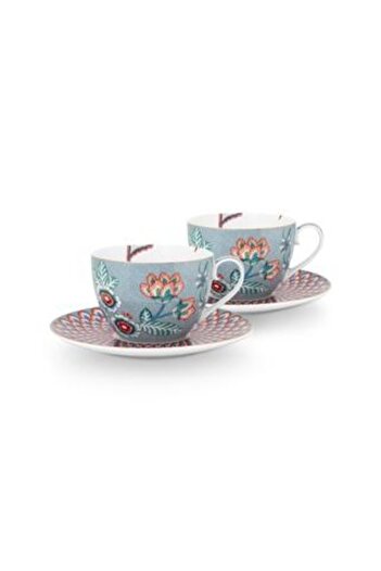 Pip Studio Set of 2 Mugs With Saucers, Porcelain, , 280ml, Flower Festival Collection, Light Blue