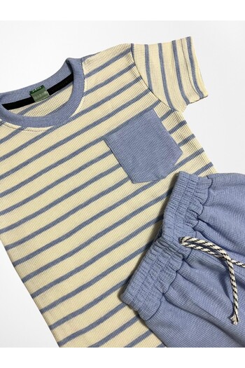 Pijamakids Set de pijamale de vară pentru băieți, din țesătură din bumbac, cu model în dungi albastre și albe, cu mâneci scurte și pantaloni scurți