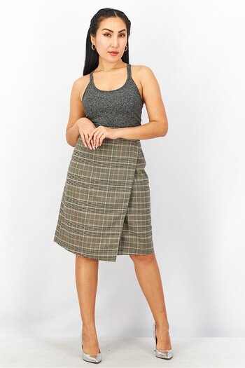 French Connection Women Plaid Wrap Mini Skirt, Grey