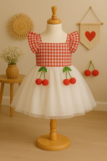 Midani Store Girl's Eid Dress 2-5 Years Old Princess Model Checkered Tulle Cherry Buckle Summer