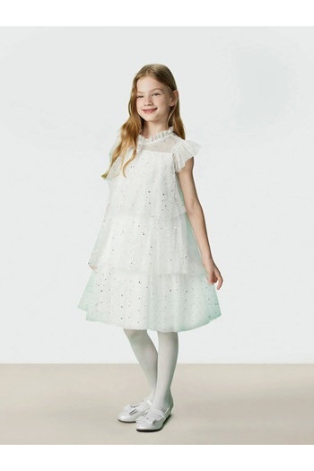 LC Waikiki Kids Ecru Crew Neck Sparkling Girl's Dress