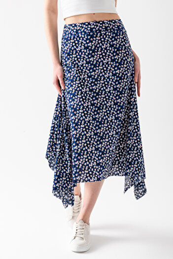 CNRCollection Fusta asimetrică cu volan, cu tăietură asimetrică, cu model floral, albastru închis pentru femei