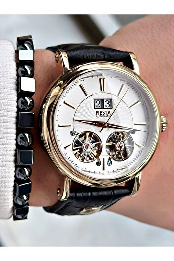 Fiesta Black Color Double Turbines Leather Band Business Automatic Men Wrist Watch + Bracelet