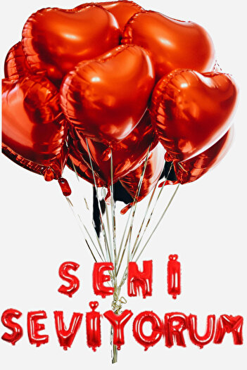 Baloncu Dede Heart Patterned 10 Pieces Red Helium Compatible Foil 1 Piece I Love You Balloon Lover and Special Day
