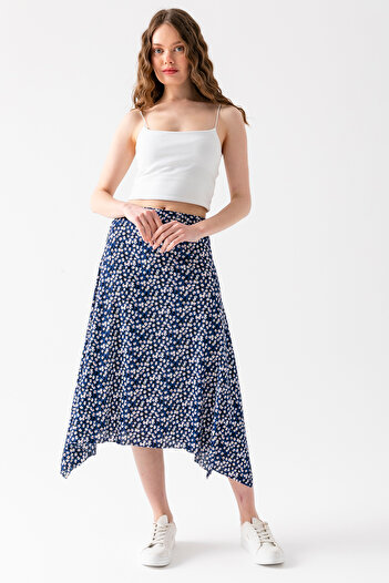 CNRCollection Fusta asimetrică cu volan, cu tăietură asimetrică, cu model floral, albastru închis pentru femei