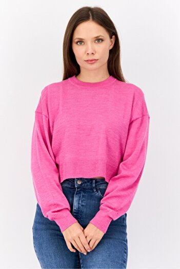 Esprit Women Crew Neck Knitted Cropped Sweater, Pink