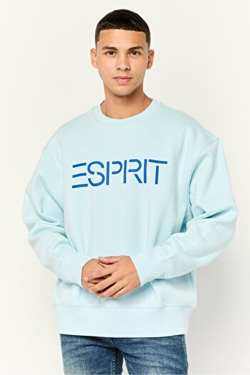 Esprit Men Crew Neck Long Sleeves Brand Logo Sweatshirts, Light Blue