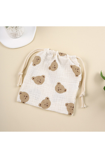 Choice1 Bear Head INS double-layer rope drawstring storage bag pure cotton crepe printed cloth Muslin baby c