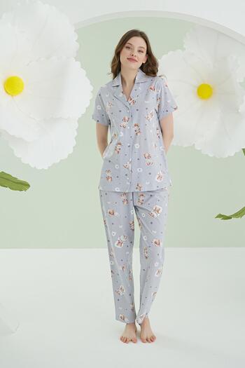 NBB 100% Cotton Women's Gray Star Front Buttoned Pajama Set