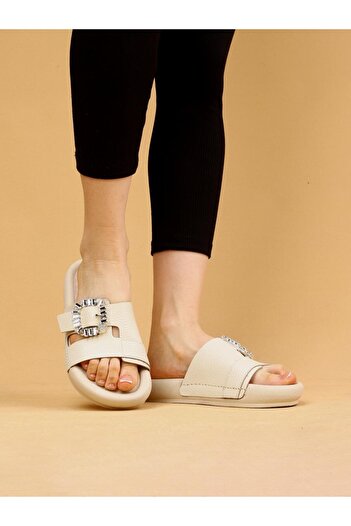 layki Vera Beige Colored Genuine Leather Buckle Thick Sole Luxury Slippers