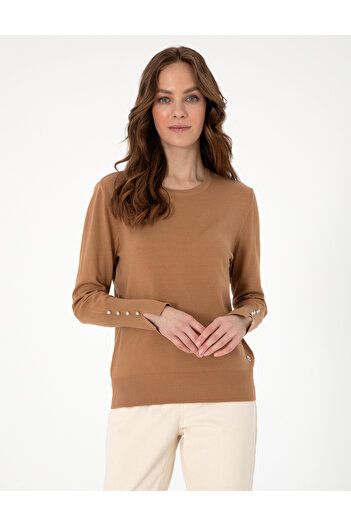 Pierre Cardin Camel Slim Fit Crew Neck Basic Sweater 50290566-Vr015