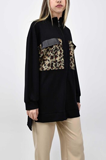 birizmoda Zippered Tunic with Leopard Pocket Detail - Black