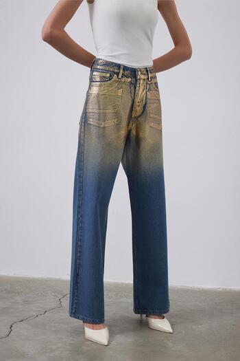 KADRİYE BAŞTÜRK Palazzo Denim Pants with Shiny Print Pattern, Gold Accents
