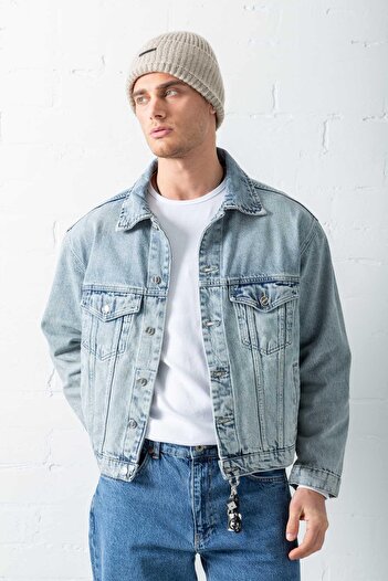 ablukaonline Erkek Boxy Fit Denim Ceket Mavi