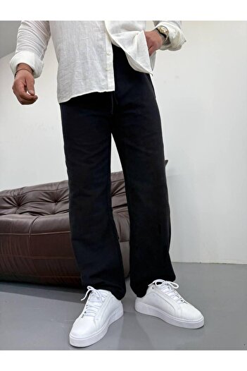 Oliggopol Men's Black Elastic Waist Baggy Fit Linen Trousers