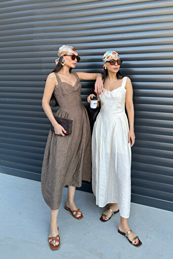 Seda Yalçın Atelier Beige Gathered Side Dress with Breast Cups