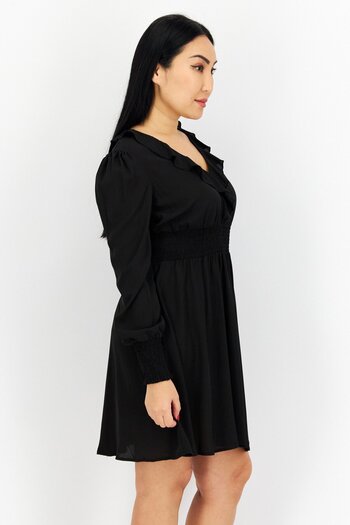 NA-KD Women Ruffle Neck Long Sleeves Textured Mini Dress, Black