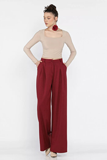 GÜLSELİ Burgundy Women's High Waist Pleated Fabric Pants