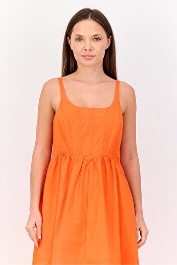Esprit Women Pleated Poplin Midi Dress, Orange