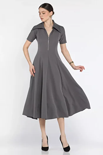 GÜLSELİ Gray Women's Half Zipper Short Sleeve Dress