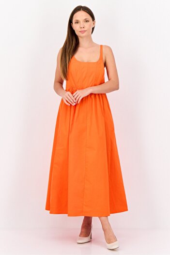 Esprit Women Pleated Poplin Midi Dress, Orange