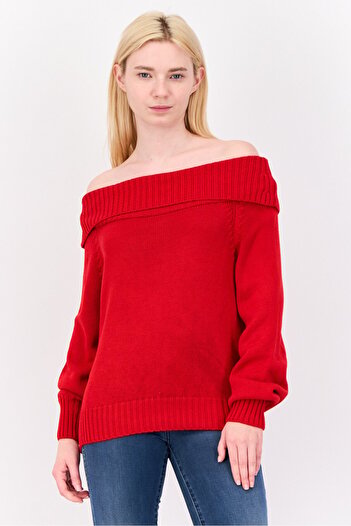 Don't Call Me Jennyfer Women Off-Shoulder Neckline Knitted Sweater, Red