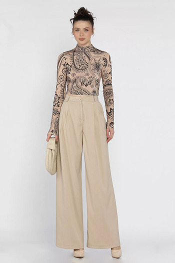 GÜLSELİ Beige Women's High Waist Pleated Fabric Pants