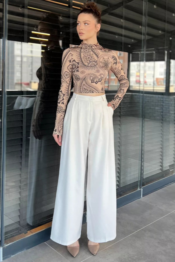 GÜLSELİ Cream Women's High Waist Pleated Fabric Pants