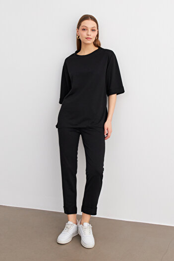 MODAGEN Women's Black Crew Neck Double Sleeve and Leg Bottom Top Set