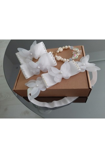 Nevgiss Aksesuar 2 Pieces of Rubber Buckle with Tulle Butterfly and PearlsBandanaGold Plated and Figured Bracelet Set