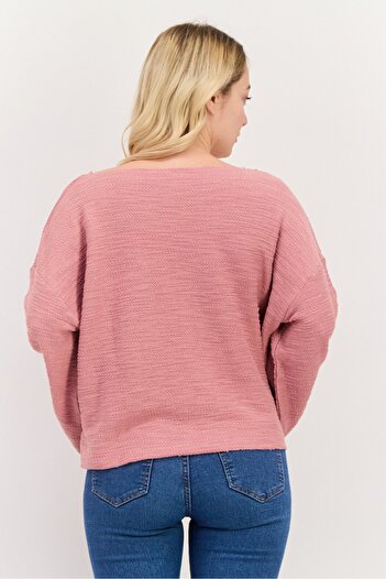 Roxy Women V-Neck Long Sleeve Textured Top, Old Rose