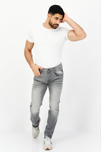 Replay Men Regular Fit Anbass Washed Stretchable Jeans, Light Grey