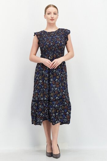 Lost + Wander Women Round Neck Cap Sleeve Floral Print Midi Dress, Navy Combo
