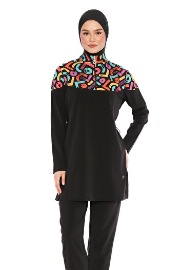 InStyle Colorful Collar 4 Piece Black Hijab Swimsuit 6224A