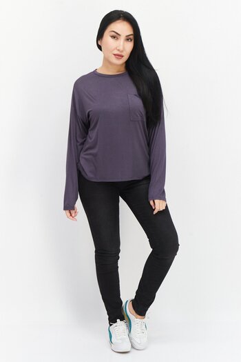 Aqua Women Round Neck Long Sleeve Plain Top, Dark Grey