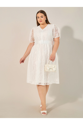 Styli Plus Size Lace Puff Sleeve Belted Midi Dress
